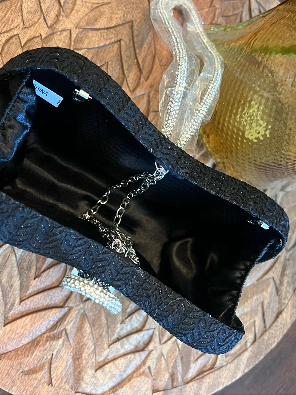 New Black Evening Clutch with Silver Crystal Strap